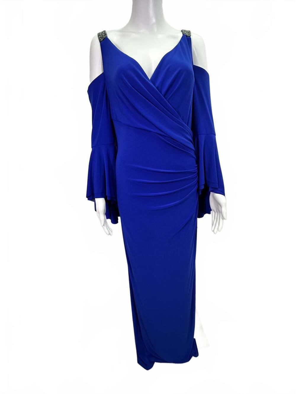 Sz 18 Lauren Ralph Lauren Royale Blue Cold Shoulder Ruched Bell Sleeves Gown